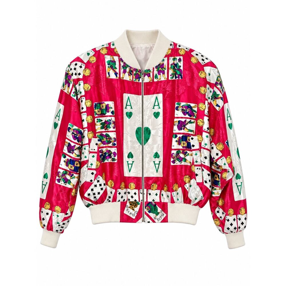 Vintage 80โs Moschino Ace of Hearts Red Poker Casino Scarf Print Bomber Jacket